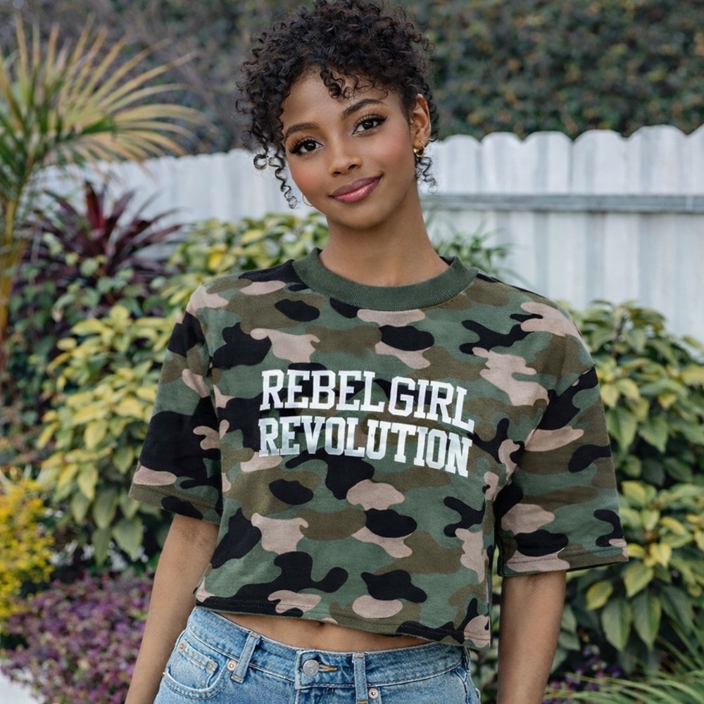 Divided Camo Crop Top with White 'Rebelgirl Revolution' Print